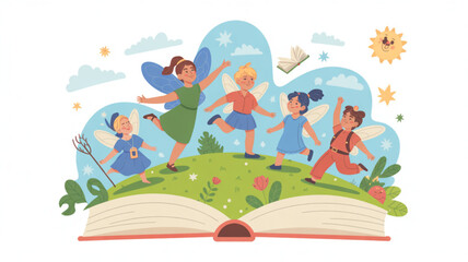 Children playing on a magical book with fairies and flowers in a sunny meadow