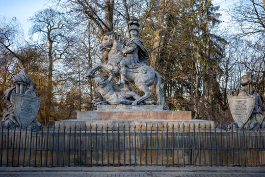 WARSAW, POLAND - MARCH 04 2026: The monument of King Jan III Sobieski in the Royal Lazienki Park.