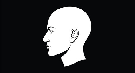 Minimalist vector graphic illustration of a human head in profile, showcasing a sleek, bald design.