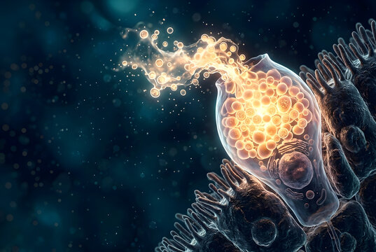 Photorealistic 3D Illustration of a Goblet Cell Releasing Glowing Mucin Vesicles