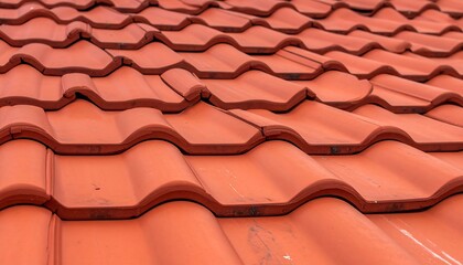 Textured red clay roof tiles viewed closely in bright daylight, repeating rows showing overlapping curves and shadow