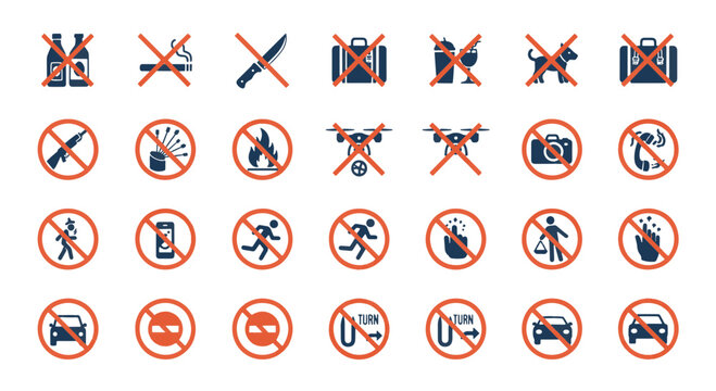 Various Prohibition Signs Featuring Forbidden Items and Restricted Activities General Warning Symbols