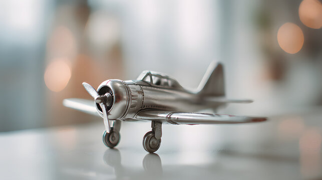 Miniature Airplane in Focus: A detailed silver model airplane is captured, evoking a sense of travel, adventure, and the spirit of flight.