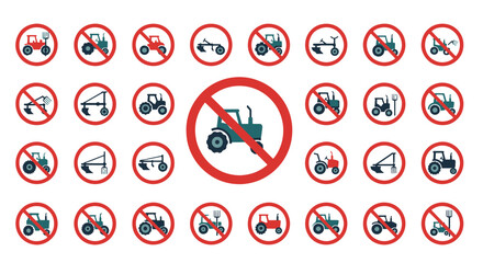 Set of Red Prohibition Signs with Forbidden Agricultural Machinery and Farming Equipment