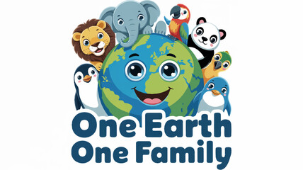 Smiling earth with diverse animals and one earth one family text
