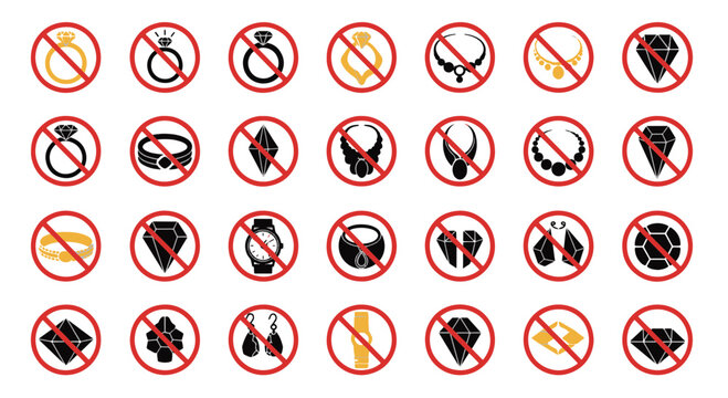 Prohibition Symbols over Rings Necklaces Diamonds Watches Bracelets and Earrings Icons Set