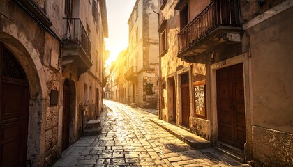 Obraz premium Sunlit European cobblestone street flanked by old buildings with arches, balconies, and closed wooden doors