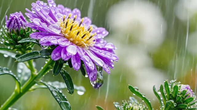 Closeup of a purple aster flower with raindrops falling.