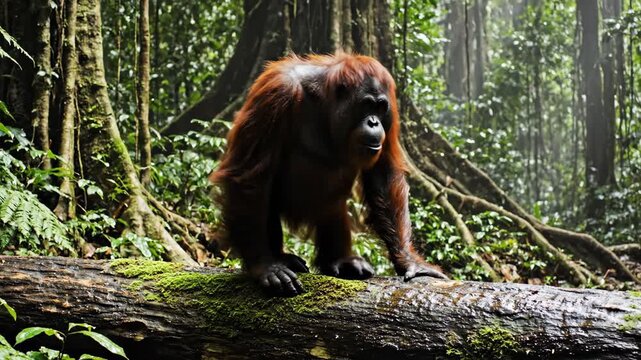 Orangutan walking on fallen log in lush jungle habitat