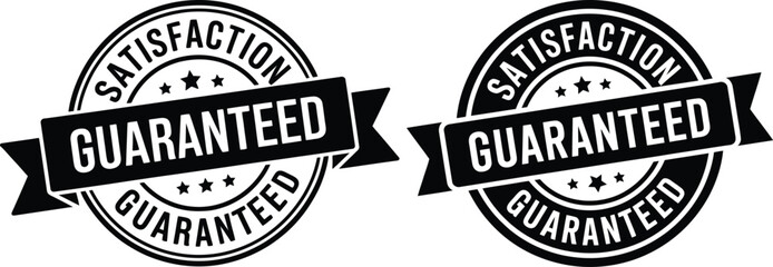 Obraz premium Satisfaction Guaranteed badge stamp vector set. Quality assurance seal icons with ribbon banner design for customer guarantee, trusted service and product certification concept