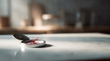 Navigating Direction: A compass rests on a smooth, reflective surface, casting subtle shadows and hinting at a journey or exploration.