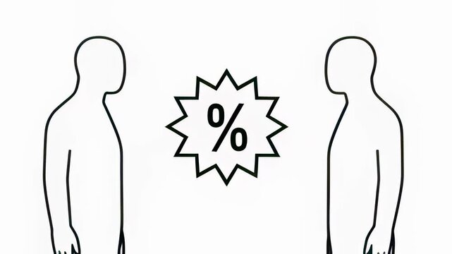 Minimalist black and white line animation of two people high-fiving to trigger a discount percentage icon, representing referral marketing and promotional strategy in a sleek motion graphic.