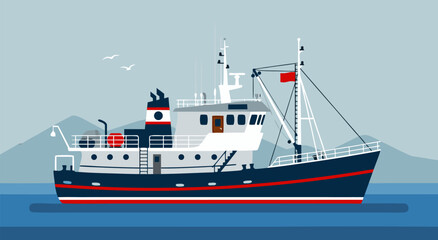 Naklejka premium Detailed vector illustration of a fishing trawler boat sailing on the sea with a mountainous background and gulls flying