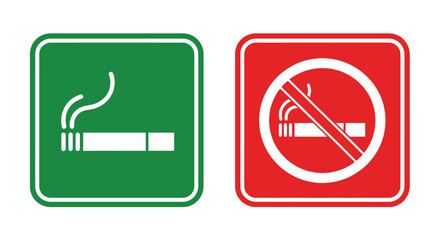 Set of vector graphic illustration signs indicating permitted smoking areas and prohibited non-smoking zones clearly