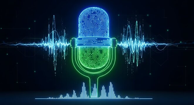 Vibrant neon microphone with circuit board design and sound waves