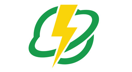 Minimalist vector graphic design featuring a bright yellow lightning bolt surrounded by flowing green orbital lines