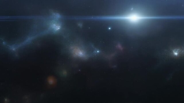A bright light shines in a dark space with various celestial objects