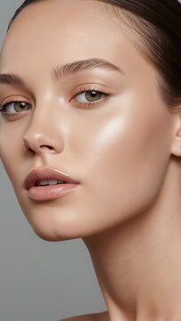 Vertical video: Cam cueing model with strapless and stud rotating face to camera on set for beauty