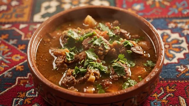 Close-up of a savory meat and vegetable stew, generously garnished with fresh herbs, served in a rustic bowl on a vibrant ethnic patterned textile, highlighting delicious traditional cuisine