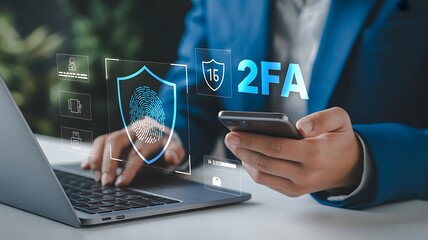 Fototapeta premium Modern professional utilizes advanced multi-factor authentication for robust digital security, safeguarding online identity and critical data across connected devices in a dynamic business environment