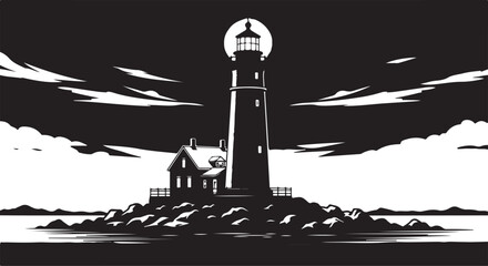 Vector lighthouse illustration on rocky island © Ripon