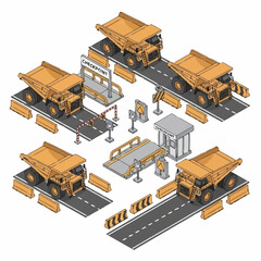 Isometric Construction Dump Trucks and Equipment Set. © Erviana