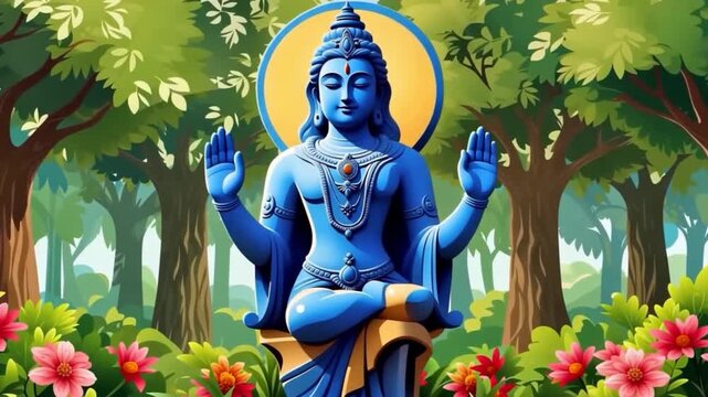 A serene blue statue of a meditating figure with multiple arms sits in a lush forest surrounded by vibrant flowers and towering trees