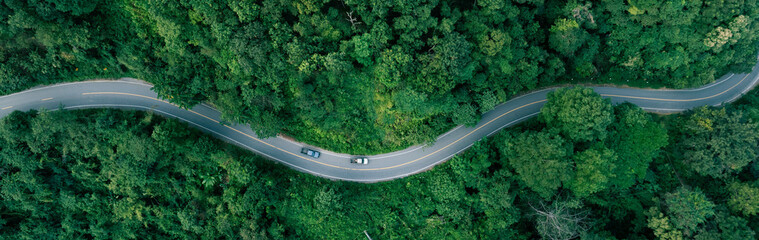 Naklejka premium Aerial forest road with car creating abstract background for electric vehicle, ESG, sustainability and green investment business concepts.