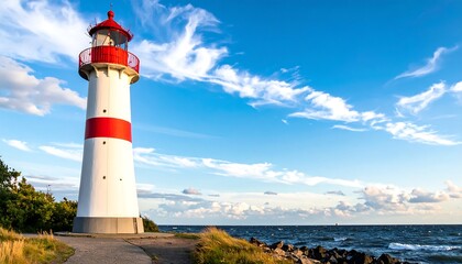 Obraz premium Tall lighthouse stands against a blue sky with scattered clouds, beside a body of water and land