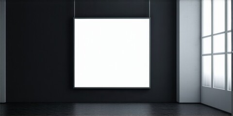 Empty room features blank white square suspended. Dark walls contrast bright window light. Minimalist design, modern interior space.
