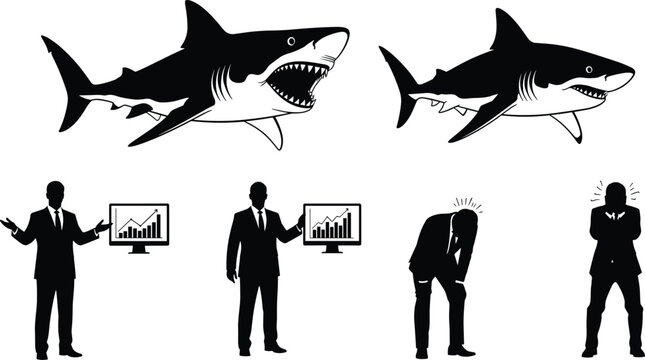 business shark metaphor vector illustration, aggressive market competition concept, businessman success and failure silhouettes, financial growth risk strategy symbol