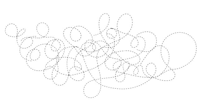 Dashed black lines creating an abstract tangled pattern of ellipses and curves on a white background, minimalistic design.