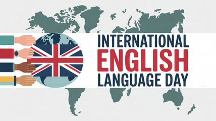 International english language day celebration with diverse hands and globe on world map background