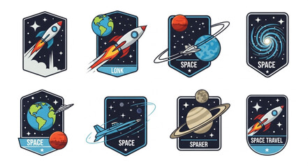 Set of Space Exploration Badges with Rockets Planets and Stars. © Roki