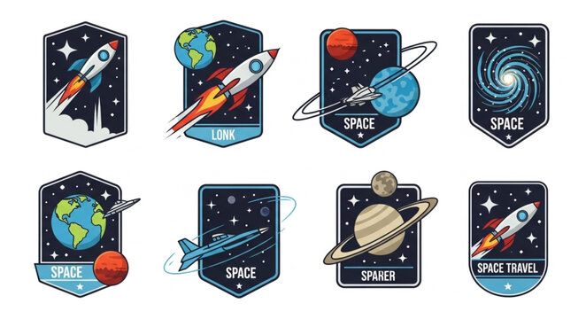 Set of Space Exploration Badges with Rockets Planets and Stars.