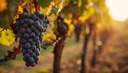 Fototapeta premium Close-up of Fresh Grapes on Vine with Warm Sunset Glow