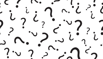 Question marks scattered randomly across a white background with a pattern of varying sizes and orientations, representing curiosity.