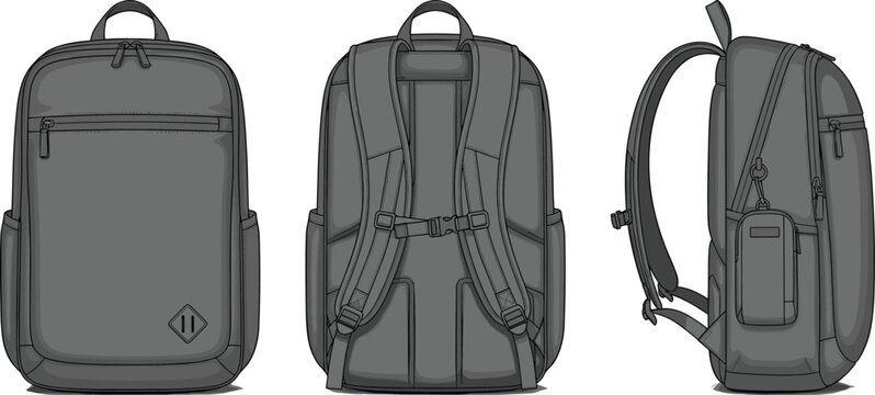 modern backpack vector illustration, travel bag design, school backpack front back side view, laptop bag concept, realistic rucksack mockup