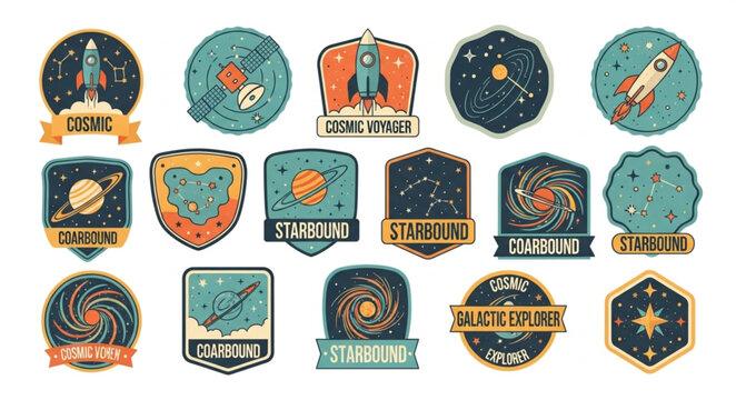 Collection of Retro Space Exploration Badges and Emblems.