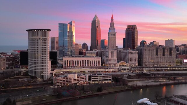Downtown Cleveland Ohio Skyline at Dusk with Sunset