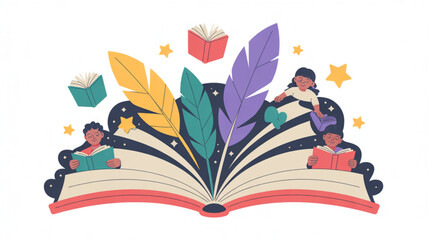 Children reading books on an open book with colorful leaves and feathers floating around them in a whimsical scene