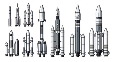 Collection of various rocket designs and spacecraft illustrations. © Roki