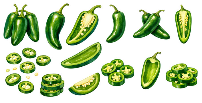 A charming watercolor collection of green jalape&ntilde;o peppers and chili slices for Mexican food illustrations and cooking design.