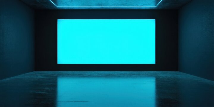 Empty room features bright cyan rectangle. Dark concrete walls, floor reflect light. Minimalist design creates dramatic effect.