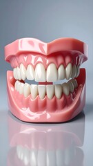 Obraz premium Close-up of a complete set of artificial teeth on a reflective surface