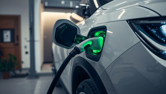 Modern Electric Vehicle Charging in Indoor Garage with Detail