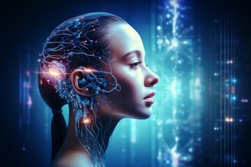 Obraz premium Cyborg woman head showing neural network connections, processing digital information