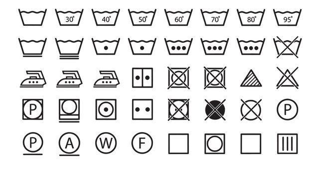 Laundry care symbols set with washing temperature, ironing instructions, and dry cleaning marks on a white background