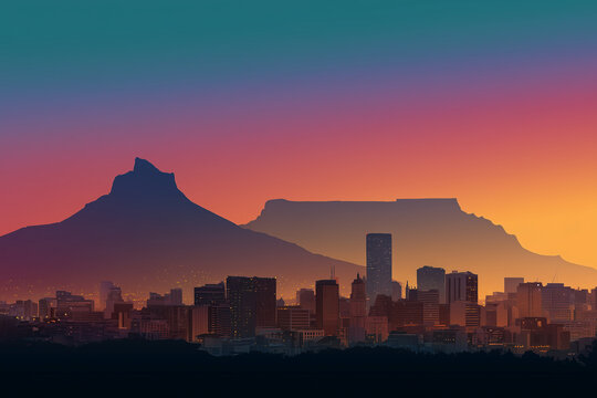 Cape Town city skyline silhouette colorful illustration with Table Mountain