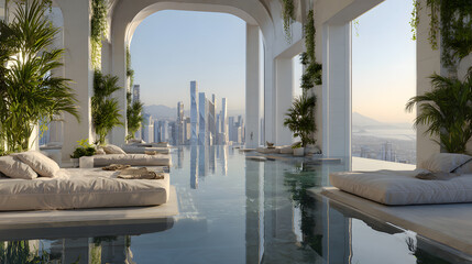 Modern eco-friendly rooftop lounge with infinity pool and lush greenery on a white futuristic building